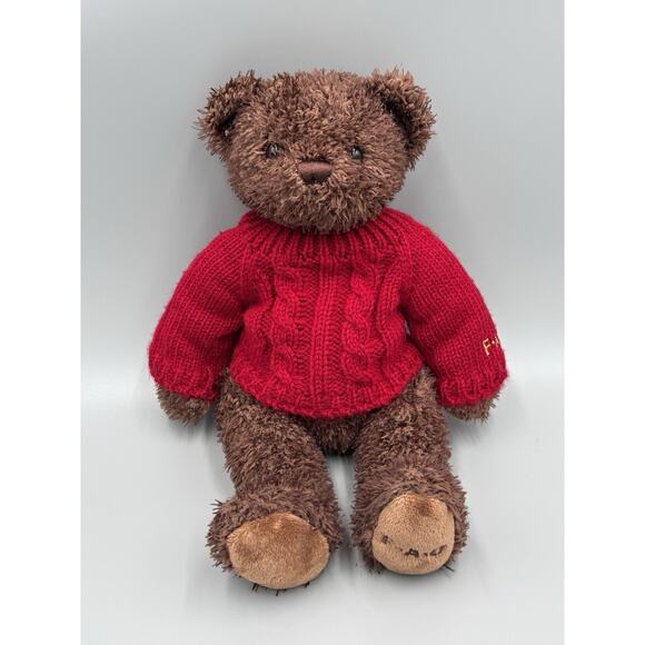 FAO Schwarz Brown Teddy Bear In Red Knit Sweater Plush 13” Stuffed Animal - Picture 1 of 10